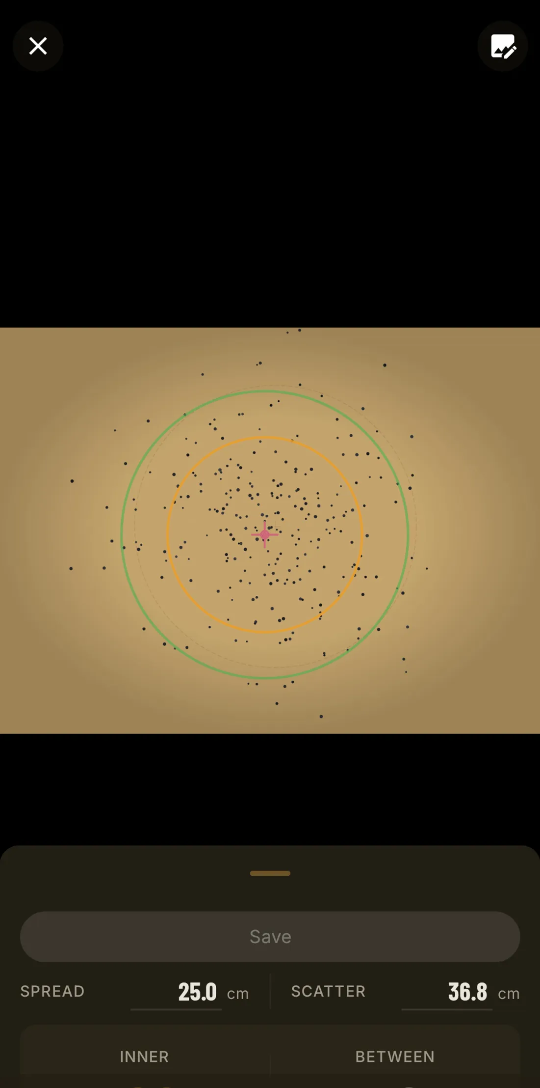 Granum analysis screen with spread and scatter circles drawn over a shotgun pattern, showing 25 cm spread and 36.8 cm scatter