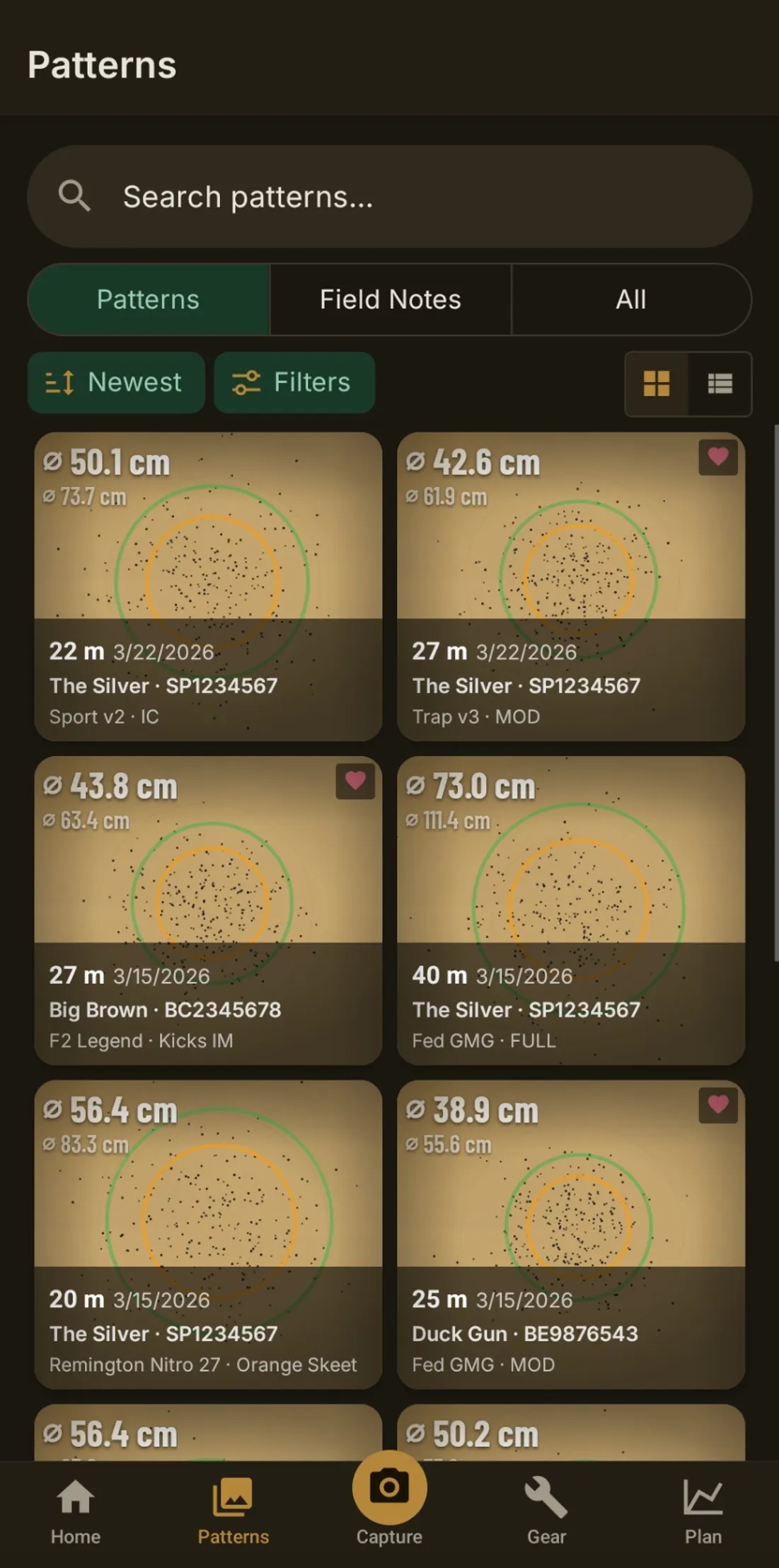 Granum pattern library showing a grid of analysed patterns with spread diameters, distances, guns, and chokes