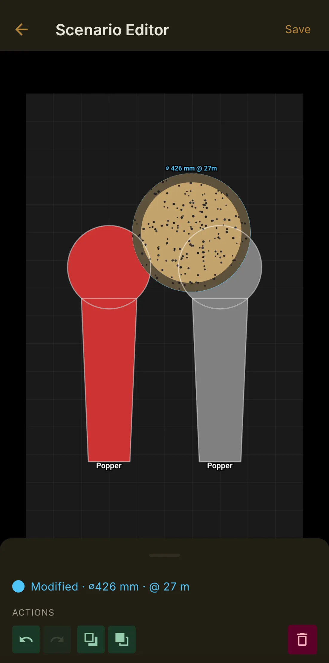 Granum scenario editor with a calibrated shot pattern overlaid on two popper targets at 27 m